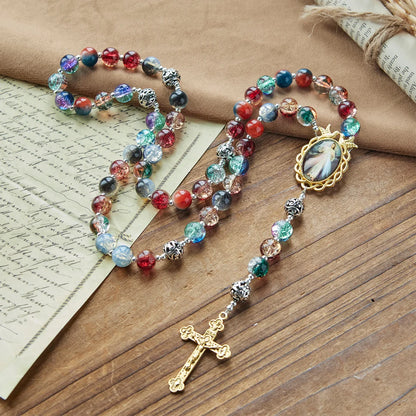 Rosario in vetro sfumato multicolore con crocifisso in ottone e medaglia della Divina Misericordia
