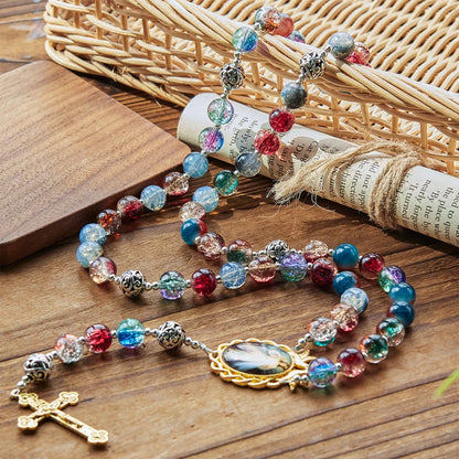 Rosario in vetro sfumato multicolore con crocifisso in ottone e medaglia della Divina Misericordia