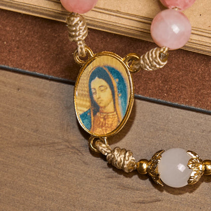 Rosario con perline rosa lucide, fatto a mano, con crocifisso in ottone e medaglietta della Madonna
