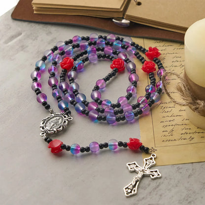 Mistico, opaco, rosario viola-blu con rose rosse e medaglia miracolosa della benedizione