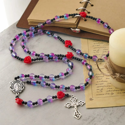 Mistico, opaco, rosario viola-blu con rose rosse e medaglia miracolosa della benedizione