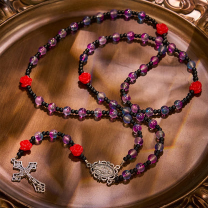 Mistico, opaco, rosario viola-blu con rose rosse e medaglia miracolosa della benedizione