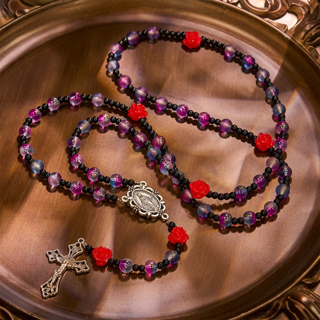 Mistico, opaco, rosario viola-blu con rose rosse e medaglia miracolosa della benedizione