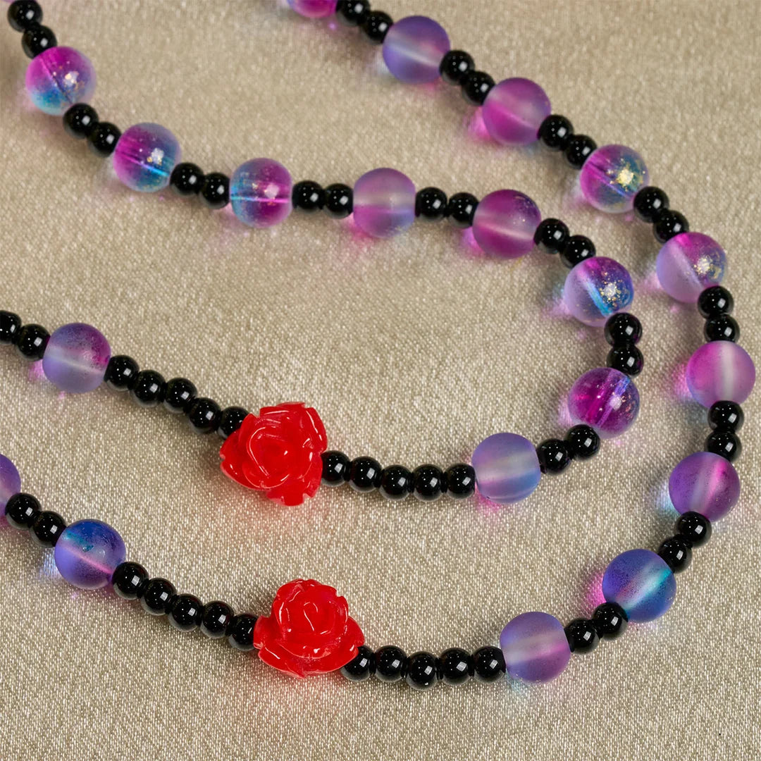 Mistico, opaco, rosario viola-blu con rose rosse e medaglia miracolosa della benedizione