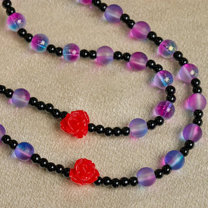 Mistico, opaco, rosario viola-blu con rose rosse e medaglia miracolosa della benedizione
