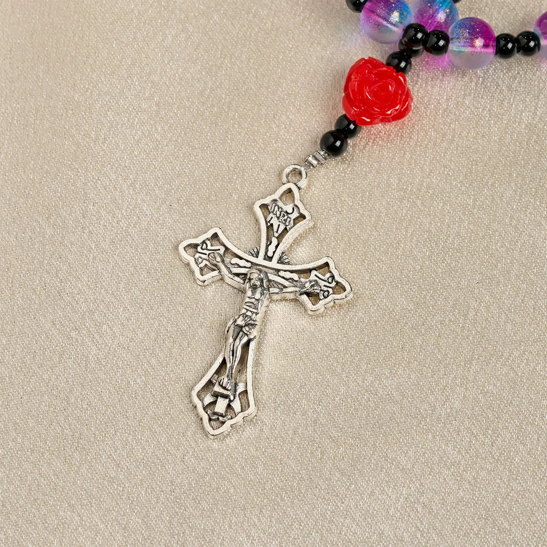 Mistico, opaco, rosario viola-blu con rose rosse e medaglia miracolosa della benedizione