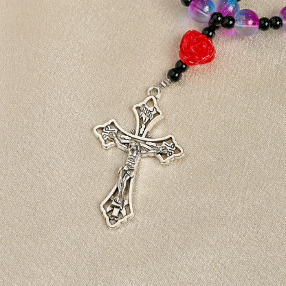 Mistico, opaco, rosario viola-blu con rose rosse e medaglia miracolosa della benedizione