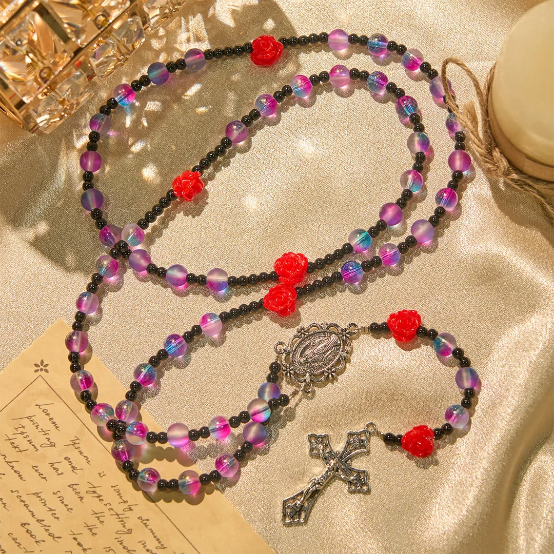 Mistico, opaco, rosario viola-blu con rose rosse e medaglia miracolosa della benedizione