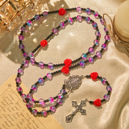 Mistico, opaco, rosario viola-blu con rose rosse e medaglia miracolosa della benedizione