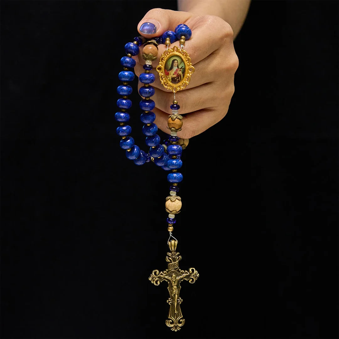 Medaglione fatto a mano e crocifisso di Santa Teresa di Lisieux, 8*10 mm, oblato, rosario in lapislazzuli e pietra mappa