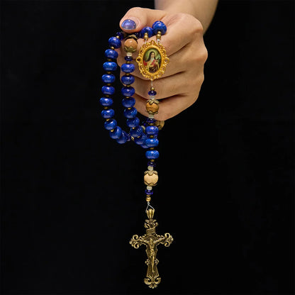 Medaglione fatto a mano e crocifisso di Santa Teresa di Lisieux, 8*10 mm, oblato, rosario in lapislazzuli e pietra mappa