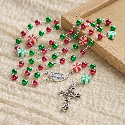 Regalo di Natale: Rosario natalizio: Perline rosse e verdi, forme a caramella e crocifisso