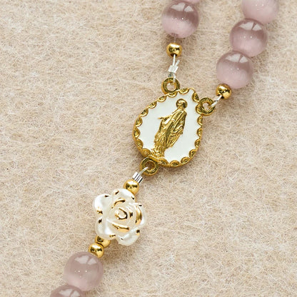 Rosario Cat's Eye & Rose color lavanda e rosa: medaglia centrale della Madonna per una preghiera dolce