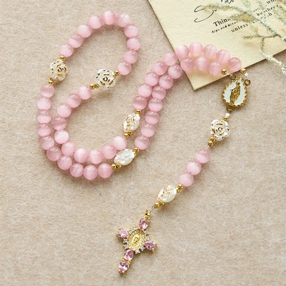 Rosario Cat's Eye & Rose color lavanda e rosa: medaglia centrale della Madonna per una preghiera dolce