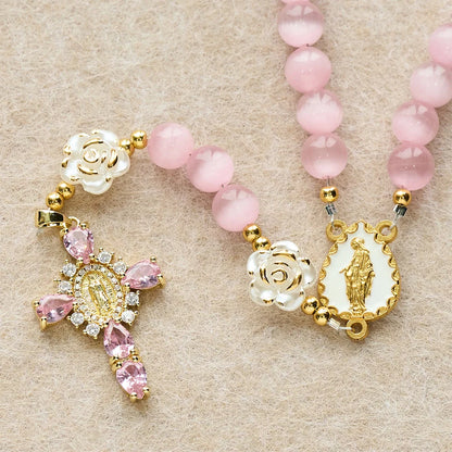 Rosario Cat's Eye & Rose color lavanda e rosa: medaglia centrale della Madonna per una preghiera dolce