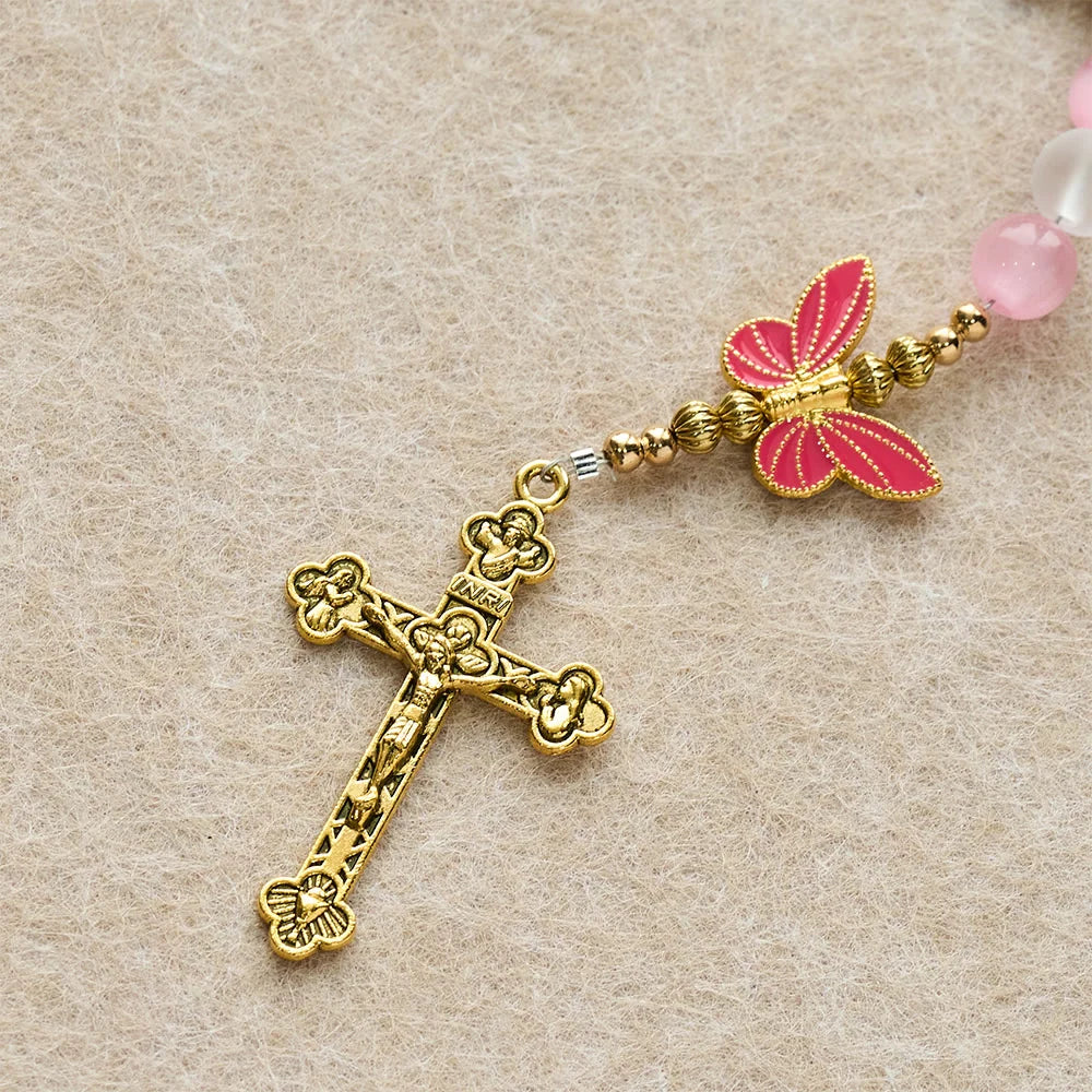 Occhio di gatto viola-rosa e vetro satinato, rosario con farfalla: incarna l'amore sacro e la grazia