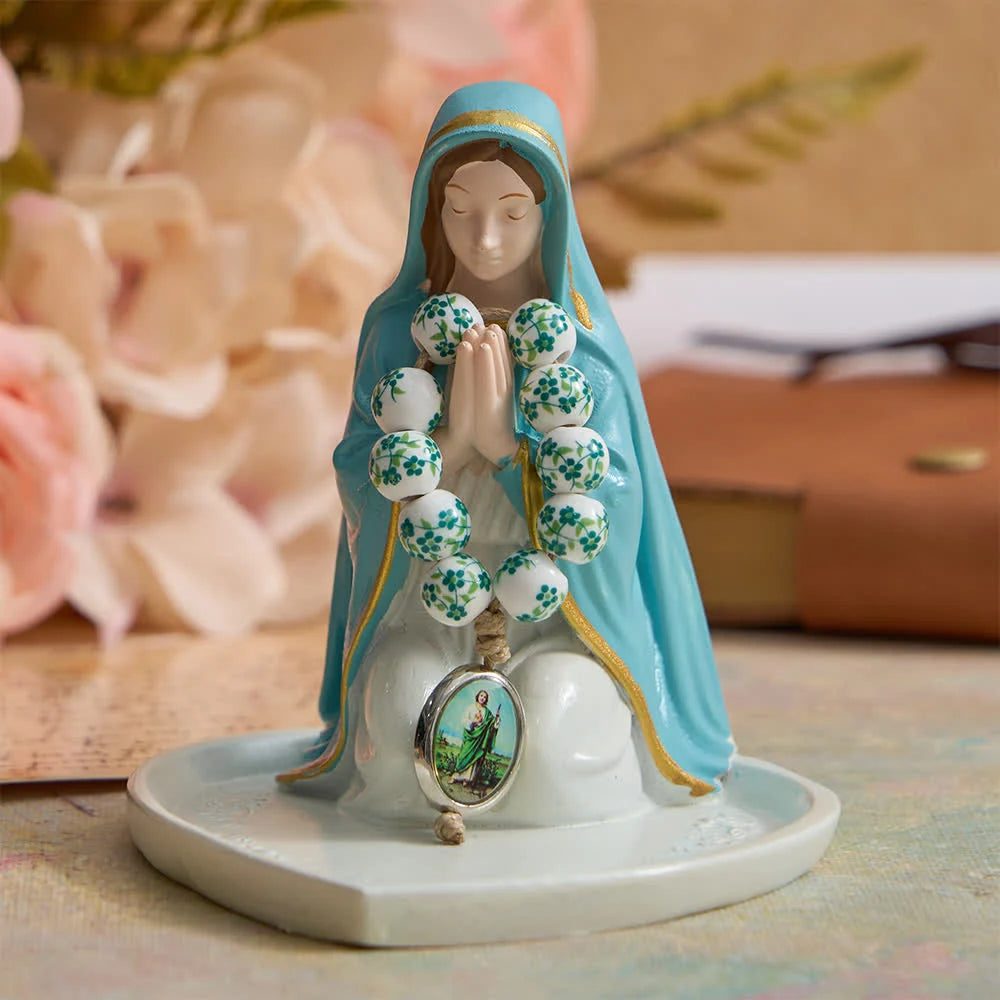 Rosario da dito in ceramica verde con motivo floreale e medaglia di San Giuda