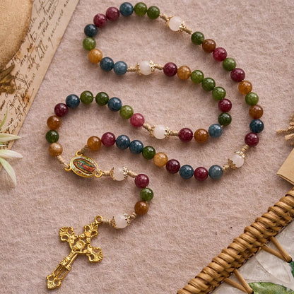 Rosario in perline colorate di tormalina con immagine quadrata della Divina Misericordia e crocifisso dorato