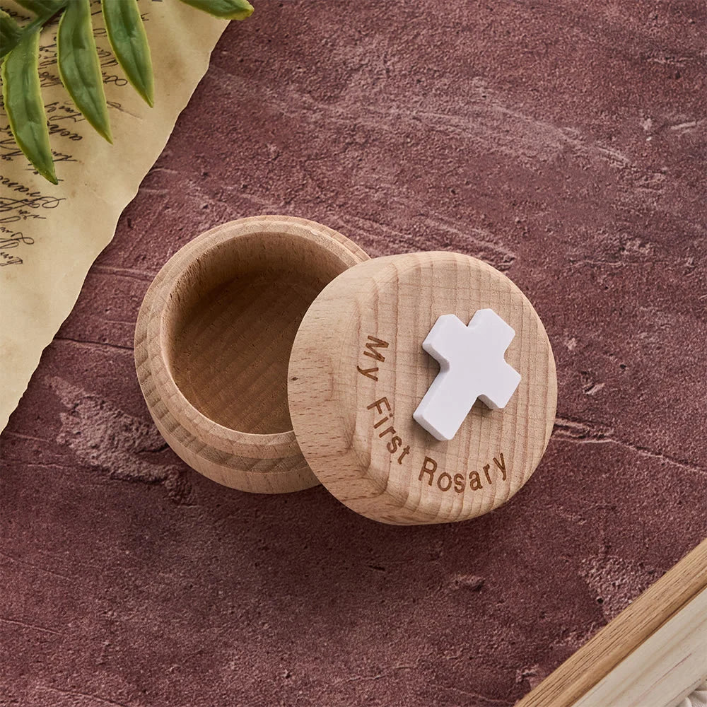 Il mio primo rosario Scatola portaricordi in legno con croce: simbolo di inizi sacri