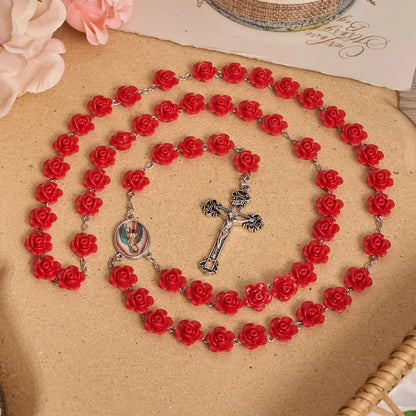Elegante perlina rossa con rosa a forma di fiore della Madonna, medaglione smaltato con crocifisso