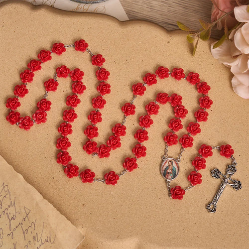 Elegante perlina rossa con rosa a forma di fiore della Madonna, medaglione smaltato con crocifisso