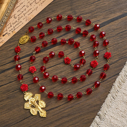 Różaniec Matki Boskiej z czerwonego szkła Crimson Rose & Red: Święta elegancja w stylu vintage