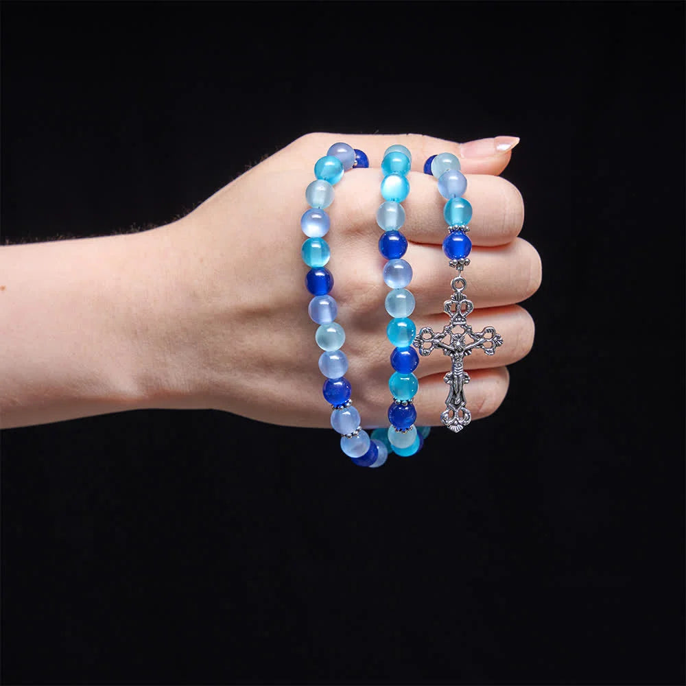 Collana rosario tricolore blu con perline opache della Madonna e chiusura a T: devozione quotidiana