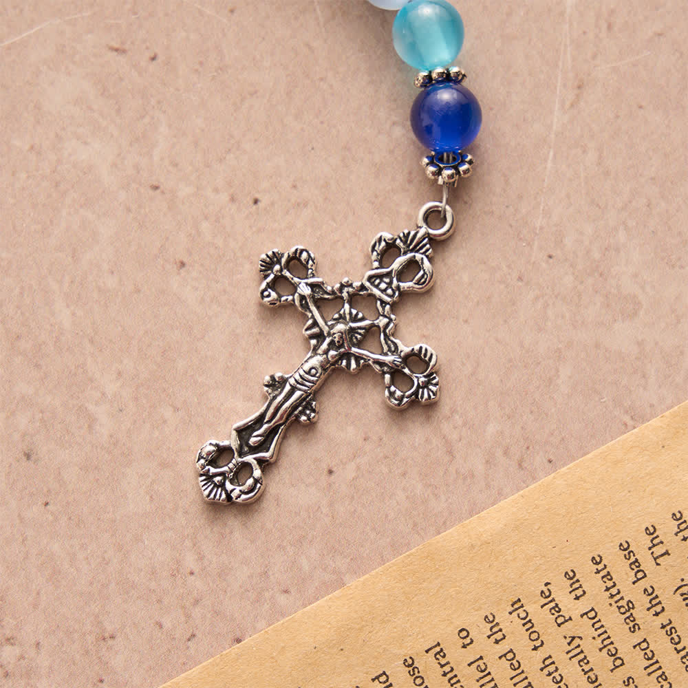 Collana rosario tricolore blu con perline opache della Madonna e chiusura a T: devozione quotidiana