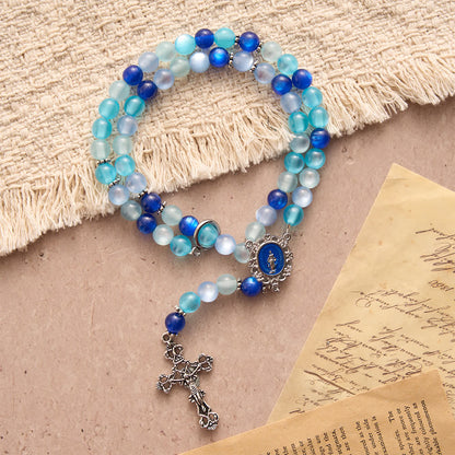 Collana rosario tricolore blu con perline opache della Madonna e chiusura a T: devozione quotidiana