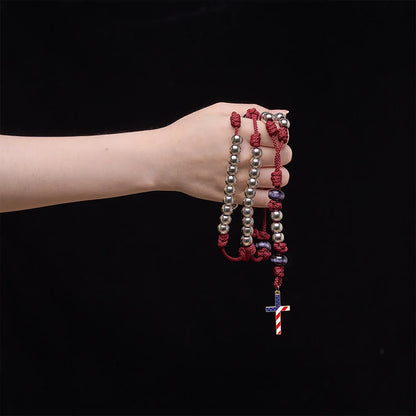 Rosario patriottico rustico in paracord con croce con bandiera USA, Dio e Patria sempre