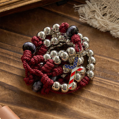 Rosario patriottico rustico in paracord con croce con bandiera USA, Dio e Patria sempre