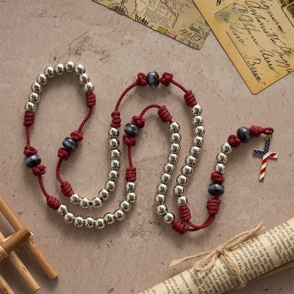 Rosario patriottico rustico in paracord con croce con bandiera USA, Dio e Patria sempre