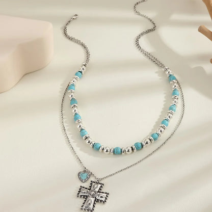 Boho wielowarstwowy naszyjnik z koralików w stylu vintage z krzyżem: symbol ziemskiego, niebiańskiego spokoju