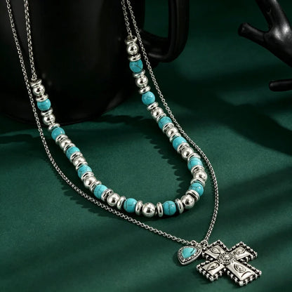Boho wielowarstwowy naszyjnik z koralików w stylu vintage z krzyżem: symbol ziemskiego, niebiańskiego spokoju