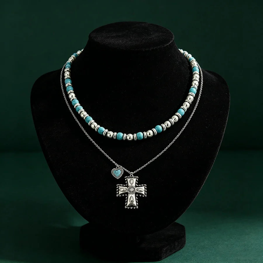 Boho wielowarstwowy naszyjnik z koralików w stylu vintage z krzyżem: symbol ziemskiego, niebiańskiego spokoju