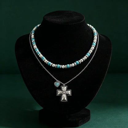 Boho wielowarstwowy naszyjnik z koralików w stylu vintage z krzyżem: symbol ziemskiego, niebiańskiego spokoju