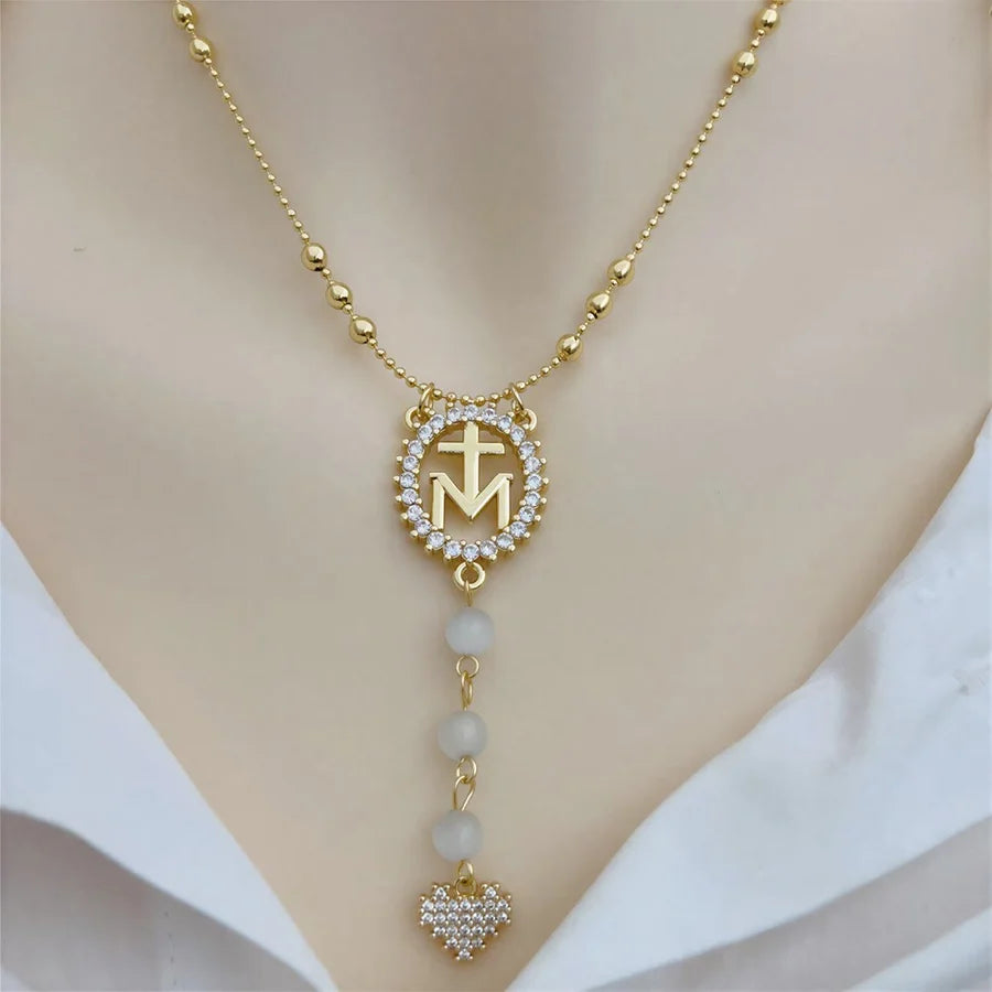Naszyjnik z koralików w stylu vintage z ramą z kamienia, z postacią świętą: symbol czułego niebiańskiego miłosierdzia