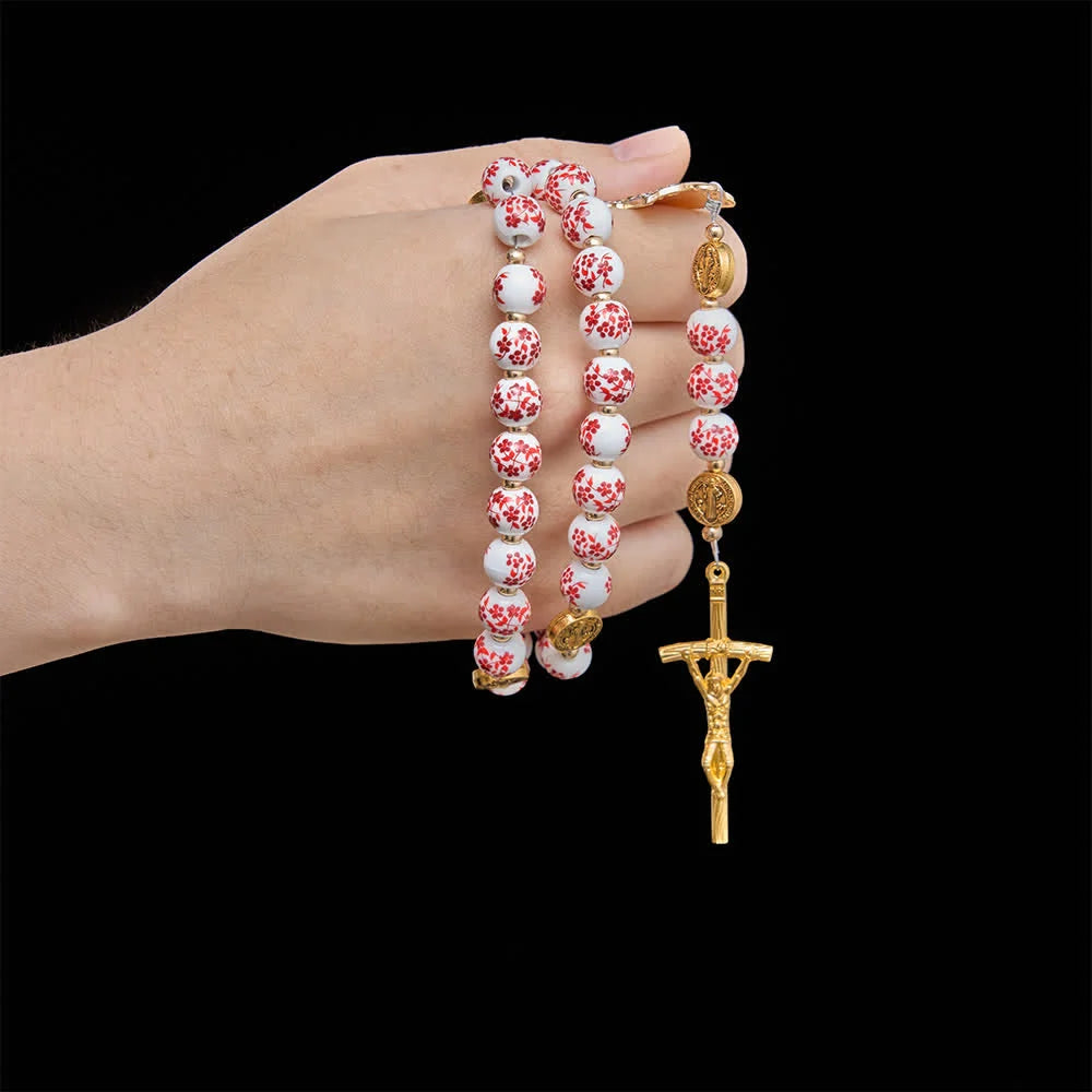 Rosario in porcellana a tre stili con stampa floreale e medaglietta della Madonna di Aparecida