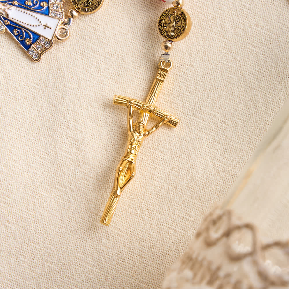 Rosario in porcellana a tre stili con stampa floreale e medaglietta della Madonna di Aparecida