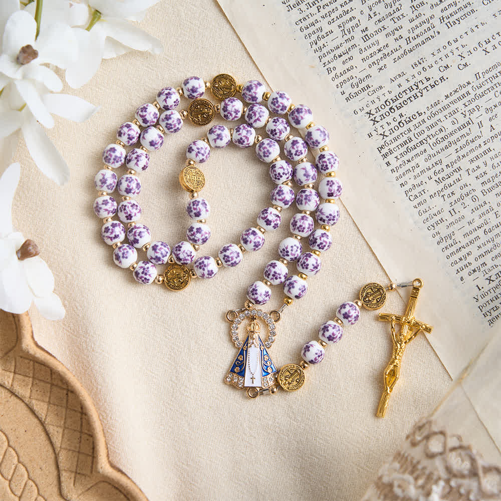 Rosario in porcellana a tre stili con stampa floreale e medaglietta della Madonna di Aparecida
