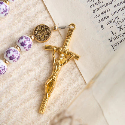 Rosario in porcellana a tre stili con stampa floreale e medaglietta della Madonna di Aparecida