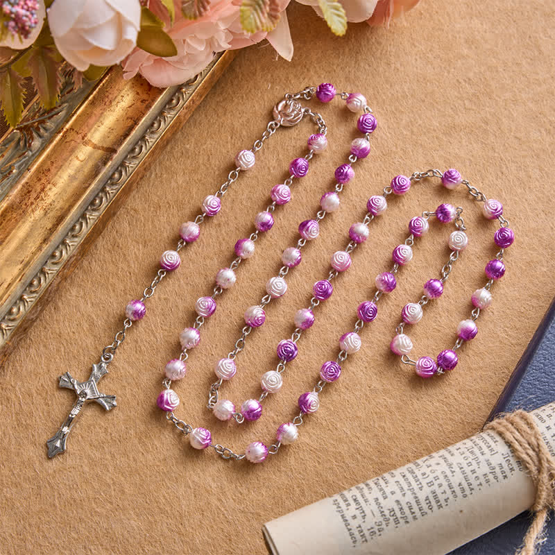 Rosario celeste con grani a forma di rosa e crocifisso: Distintivo di guida costante