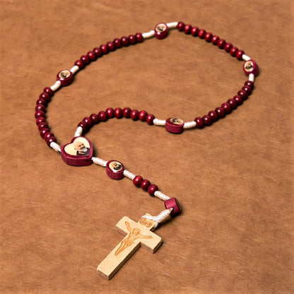 Rosario con grani in legno color rosso vino, cristiano, con croce e immagine della Madonna