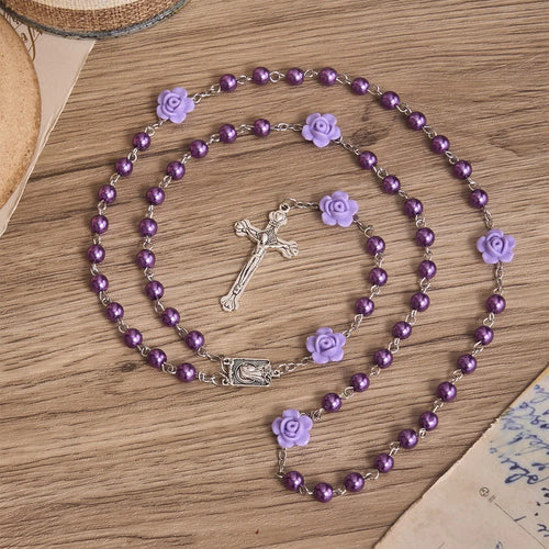 Rosario liscio con perline rotonde stile perla, decorazione a forma di rosa e ciondolo a cuore in stile vintage con la Vergine Maria