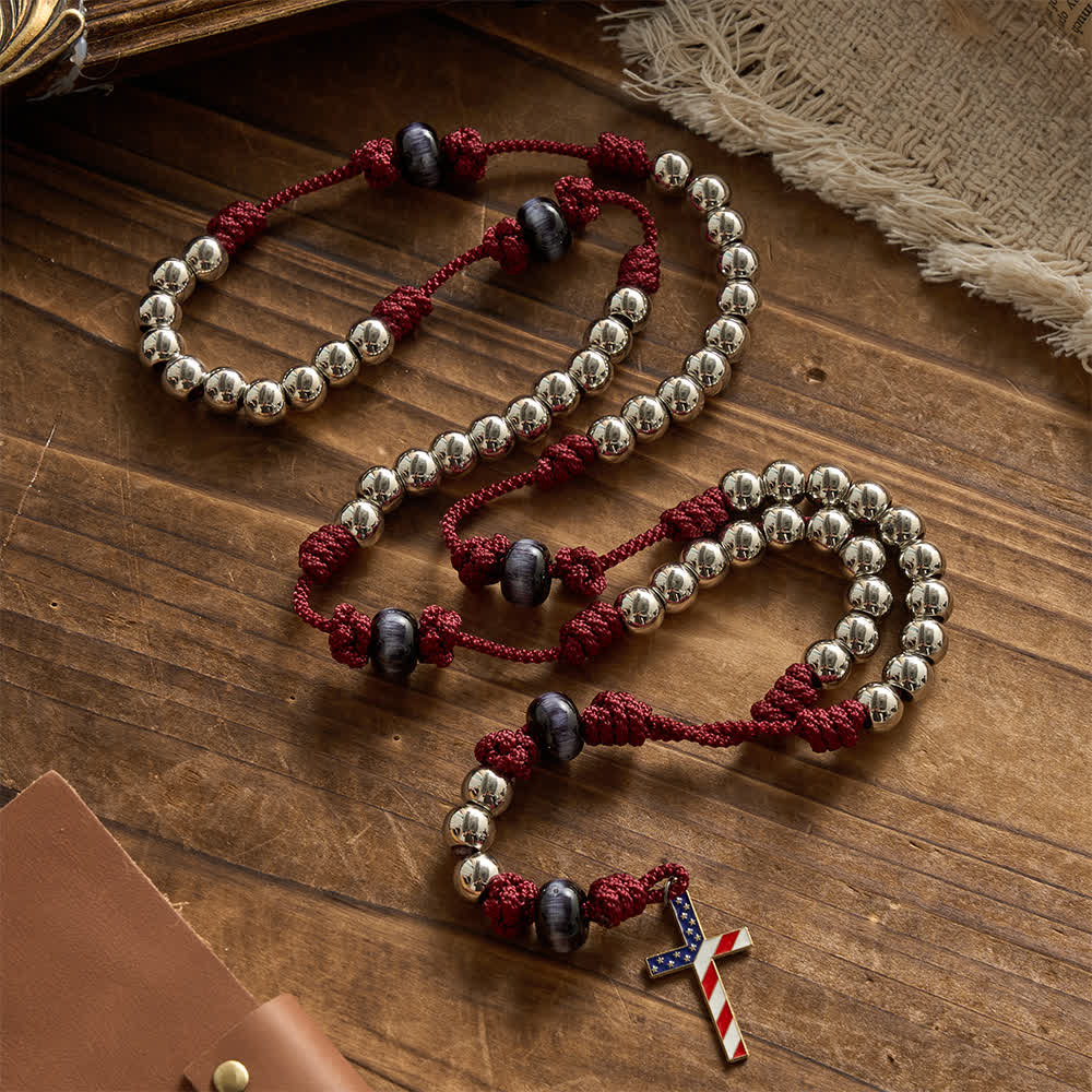 Rosario patriottico rustico in paracord con croce con bandiera USA, Dio e Patria sempre