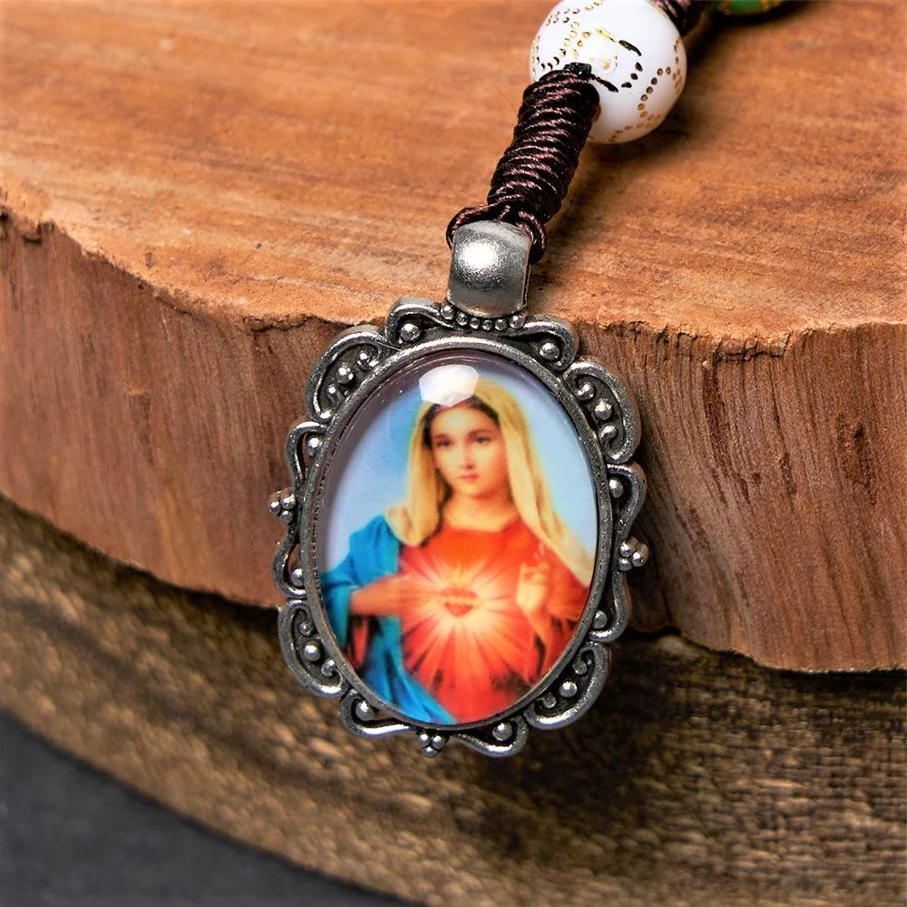 Rosario con immagine della Madonna della Misericordia e Crocifisso, rotondo, multicolore, in acrilico, nylon, 8 mm