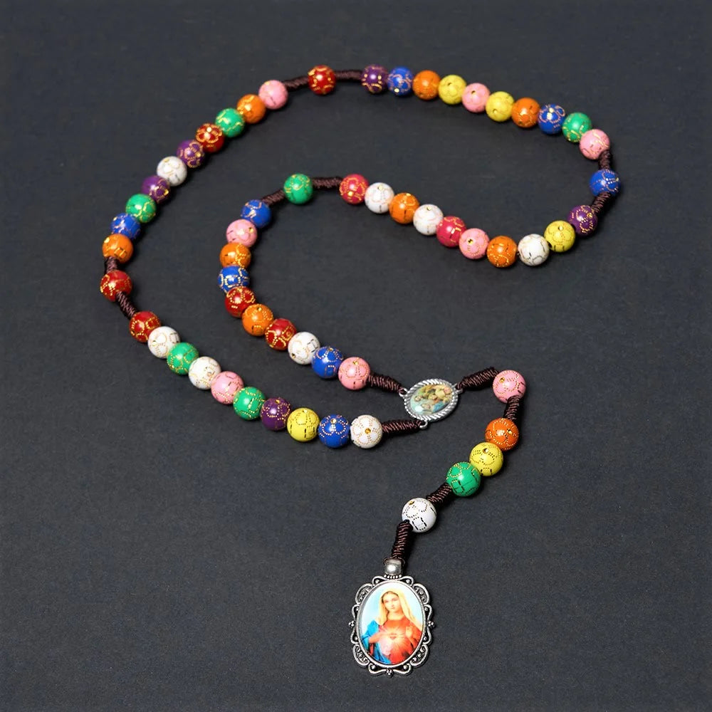 Rosario con immagine della Madonna della Misericordia e Crocifisso, rotondo, multicolore, in acrilico, nylon, 8 mm