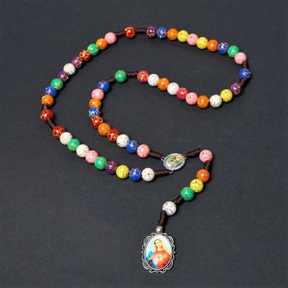 Rosario con immagine della Madonna della Misericordia e Crocifisso, rotondo, multicolore, in acrilico, nylon, 8 mm