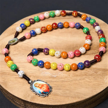 Rosario con immagine della Madonna della Misericordia e Crocifisso, rotondo, multicolore, in acrilico, nylon, 8 mm