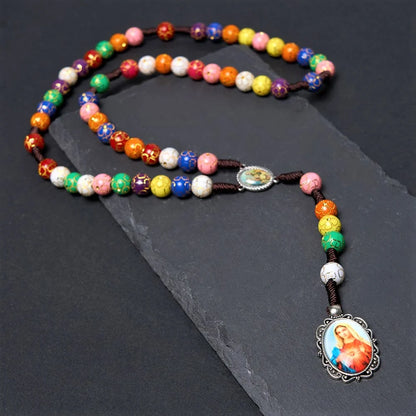 Rosario con immagine della Madonna della Misericordia e Crocifisso, rotondo, multicolore, in acrilico, nylon, 8 mm